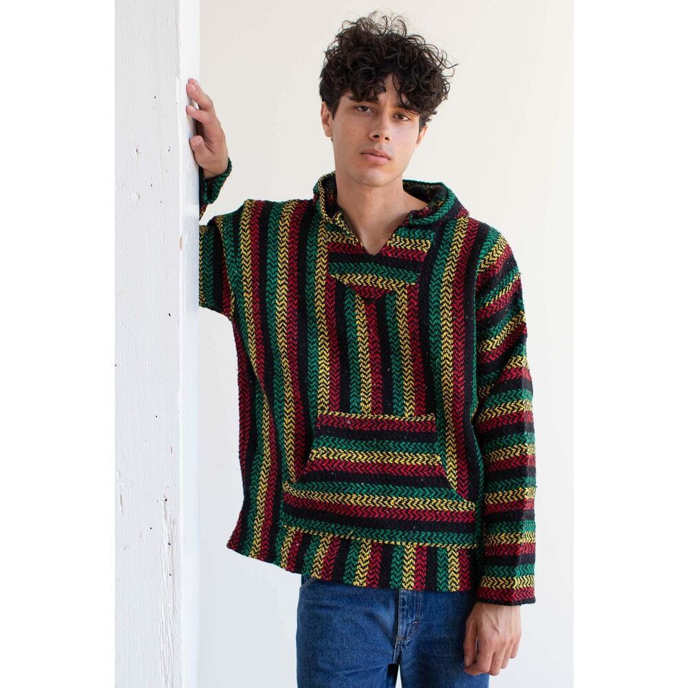 Baja Joe Striped Rasta Hoodie Woven Eco-Friendly Pullover Size L